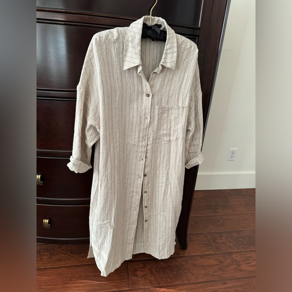 Rebecca King one-of-a-kind sample oatmeal linen stripe duster with pockets - Picture 2 of 15